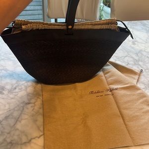 Frederic Fekkao straw bag w handle & drawstring. Interior linen. Bag & mirror.